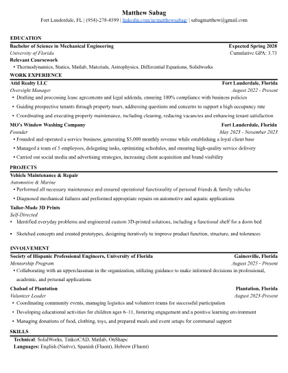 First page of Matthew Sabag's résumé